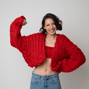 Red Cardigan, Chunky Cardigan, Wool Cardigan, Knit Chunky Cardigan, Hand Knit Cardigan, 100% Wool, Colorful