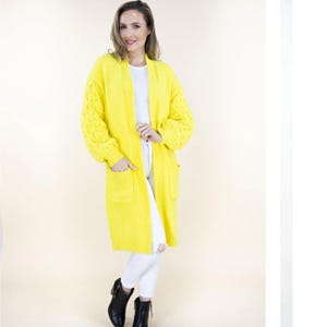 Chic Bright Yellow Long Cardigan for Women Cozy Knit Polyester Pocketed Sweater | SOL24A299